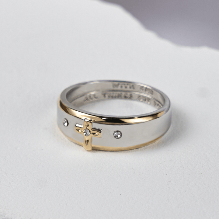 FREE Today: Modern Style Two-tone Gold Cross Alloy Ring-With God All Things Are Possible