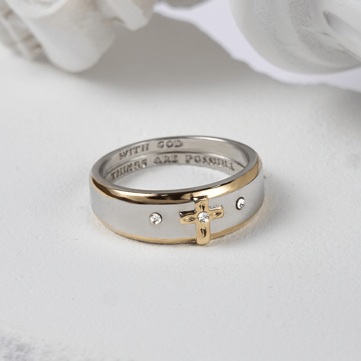 FREE Today: Modern Style Two-tone Gold Cross Alloy Ring-With God All Things Are Possible