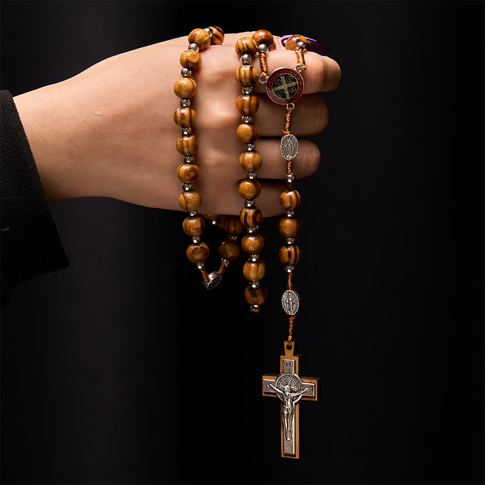 Natural Wood Handmade Rosary With Saint Benedict Cross