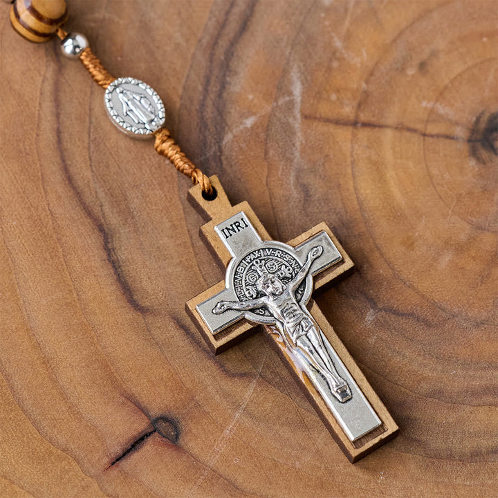 Natural Wood Handmade Rosary With Saint Benedict Cross
