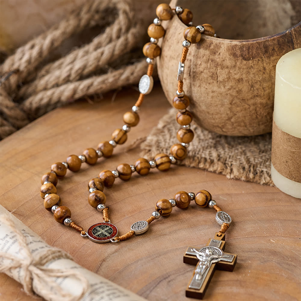 Natural Wood Handmade Rosary With Saint Benedict Cross