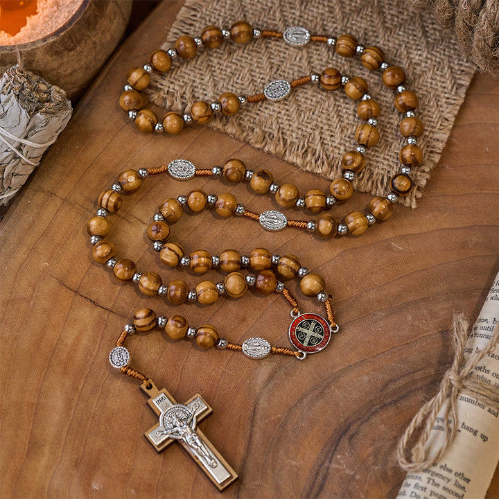 Natural Wood Handmade Rosary With Saint Benedict Cross