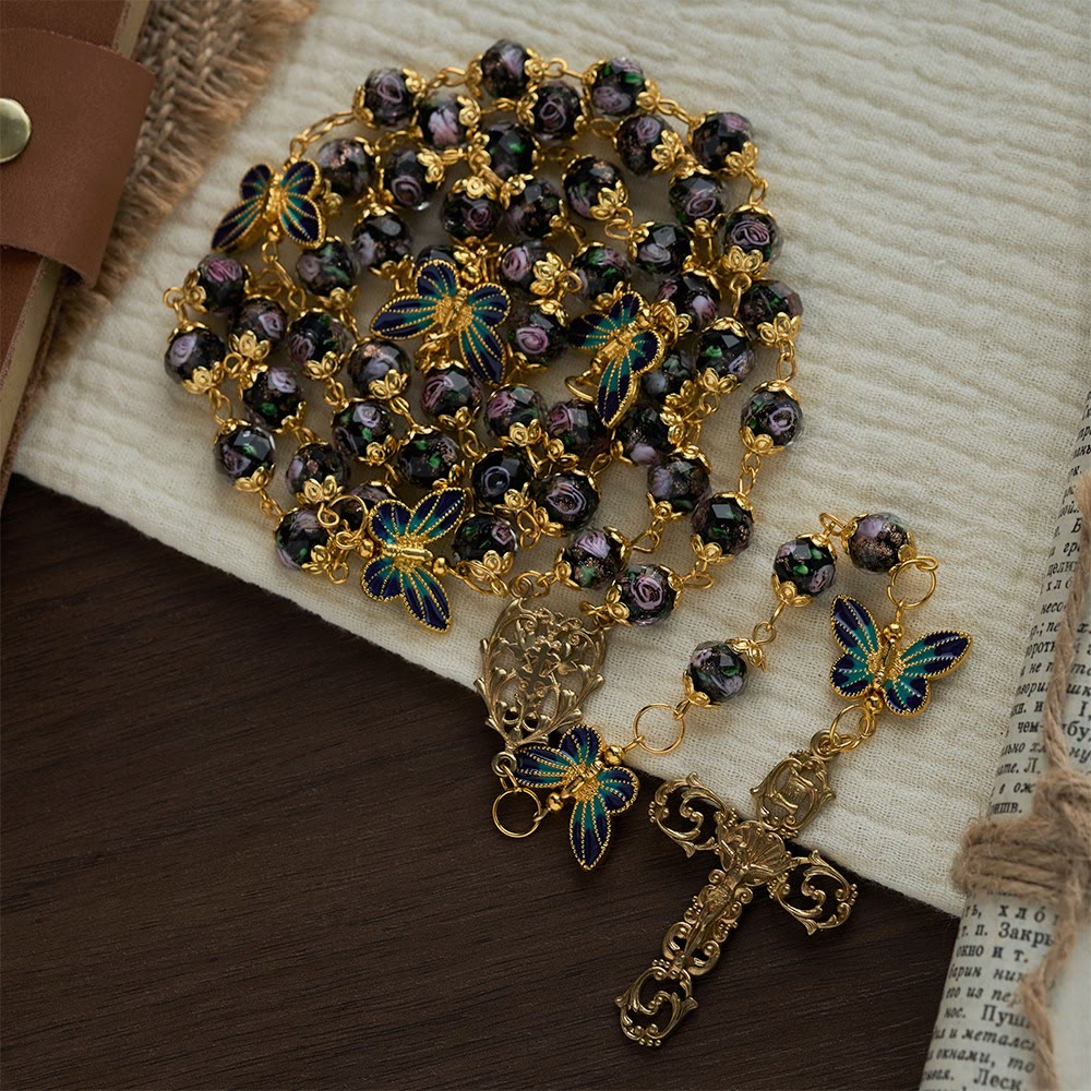 SolaceBeads Black Lampwork Floral Beads Rosary--The Radiant Grace Rosary: Hand-Blown Solace