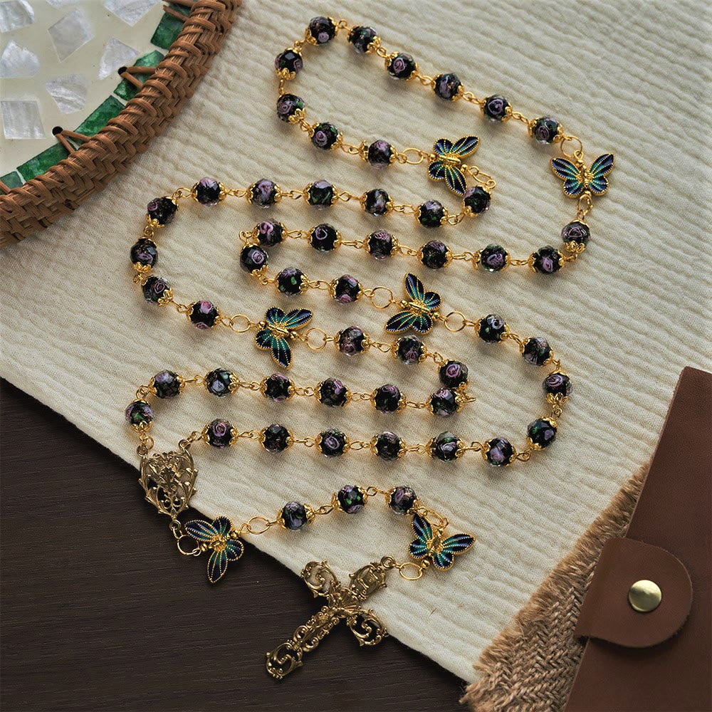 SolaceBeads Black Lampwork Floral Beads Rosary--The Radiant Grace Rosary: Hand-Blown Solace