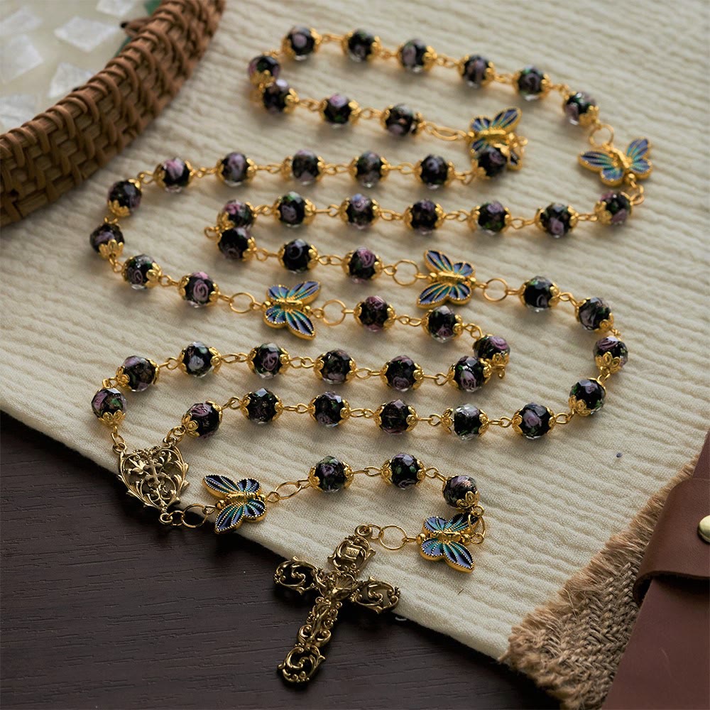 SolaceBeads Black Lampwork Floral Beads Rosary--The Radiant Grace Rosary: Hand-Blown Solace