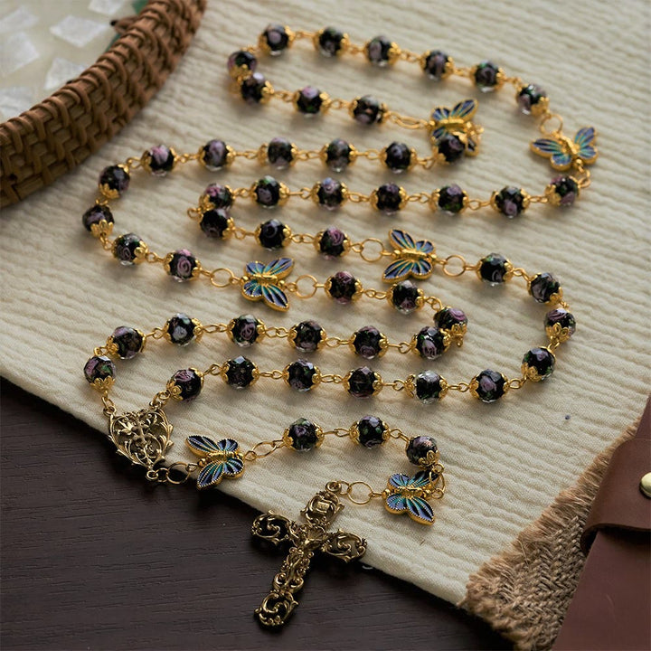 SolaceBeads Black Lampwork Floral Beads Rosary--The Radiant Grace Rosary: Hand-Blown Solace