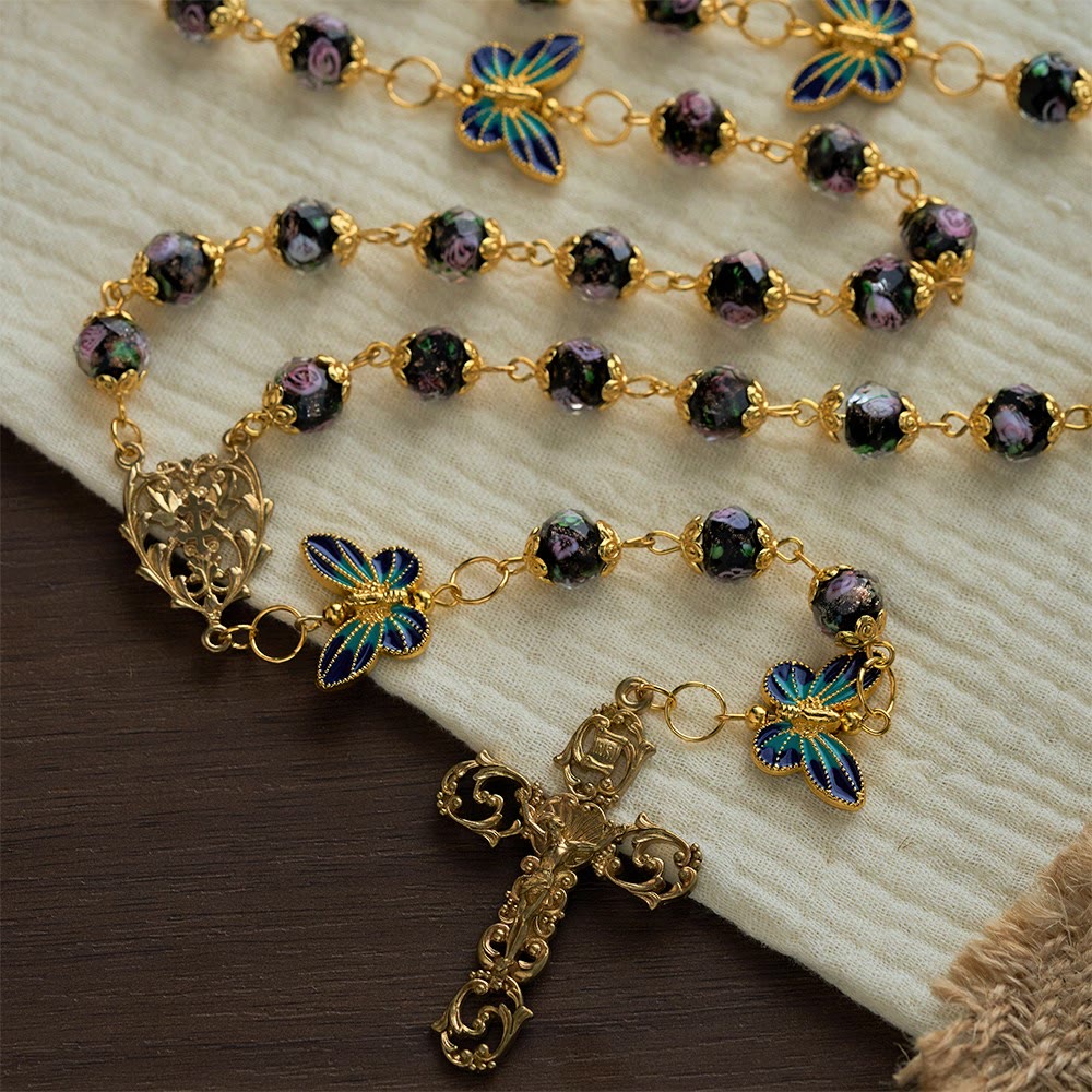SolaceBeads Black Lampwork Floral Beads Rosary--The Radiant Grace Rosary: Hand-Blown Solace