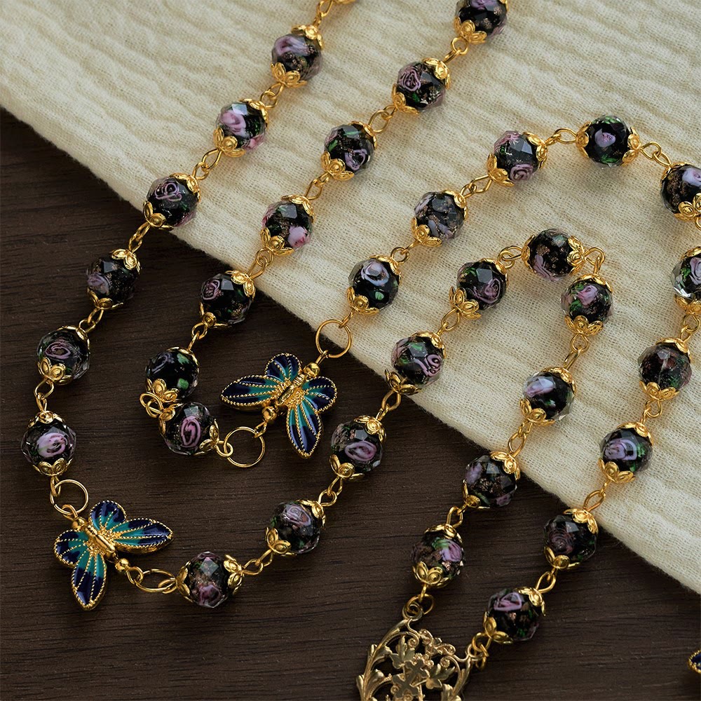 SolaceBeads Black Lampwork Floral Beads Rosary--The Radiant Grace Rosary: Hand-Blown Solace