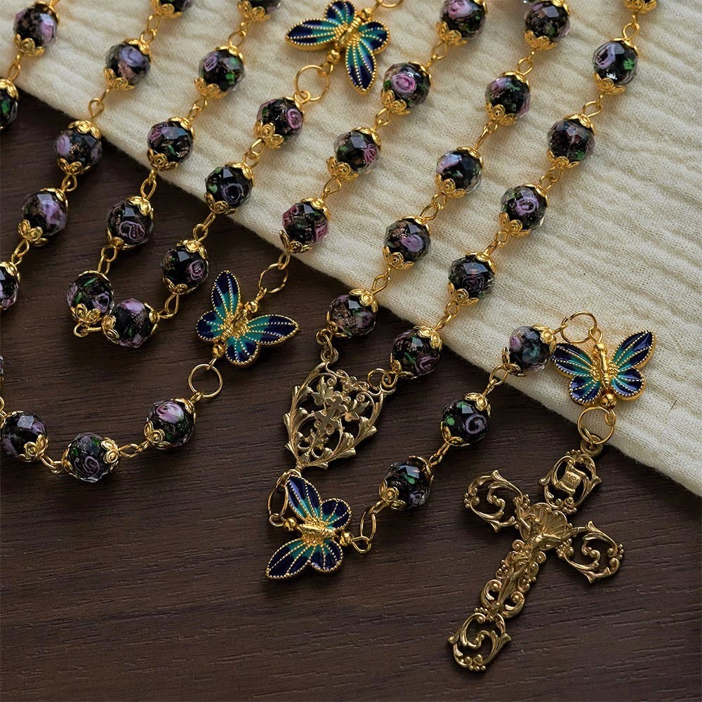 SolaceBeads Black Lampwork Floral Beads Rosary--The Radiant Grace Rosary: Hand-Blown Solace