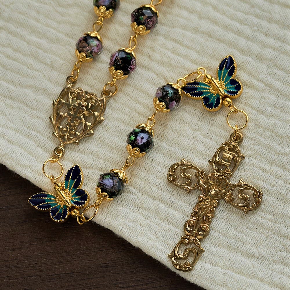 SolaceBeads Black Lampwork Floral Beads Rosary--The Radiant Grace Rosary: Hand-Blown Solace