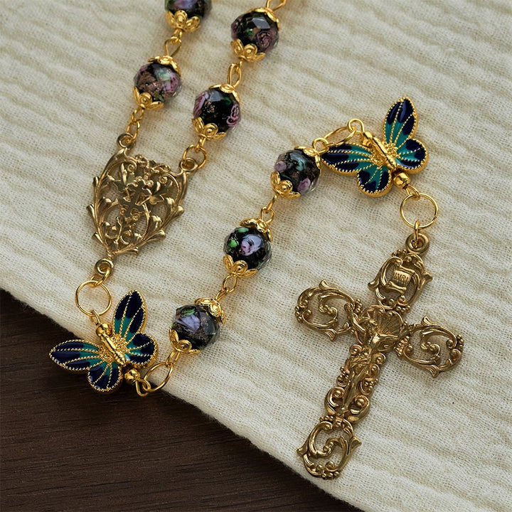 SolaceBeads Black Lampwork Floral Beads Rosary--The Radiant Grace Rosary: Hand-Blown Solace