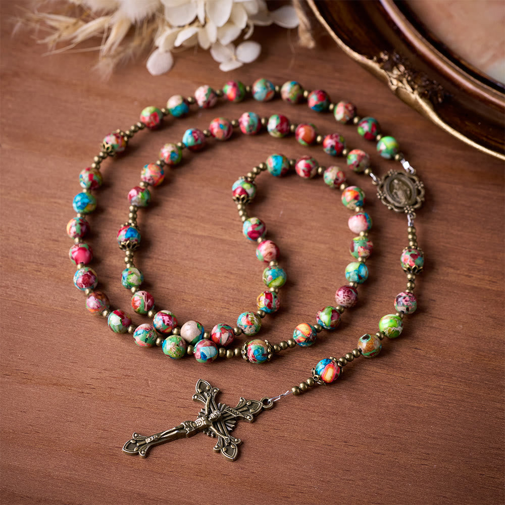 SolaceBeads Multicolored Imperial Jasper Rosary: A Tapestry of Earth and Spirit