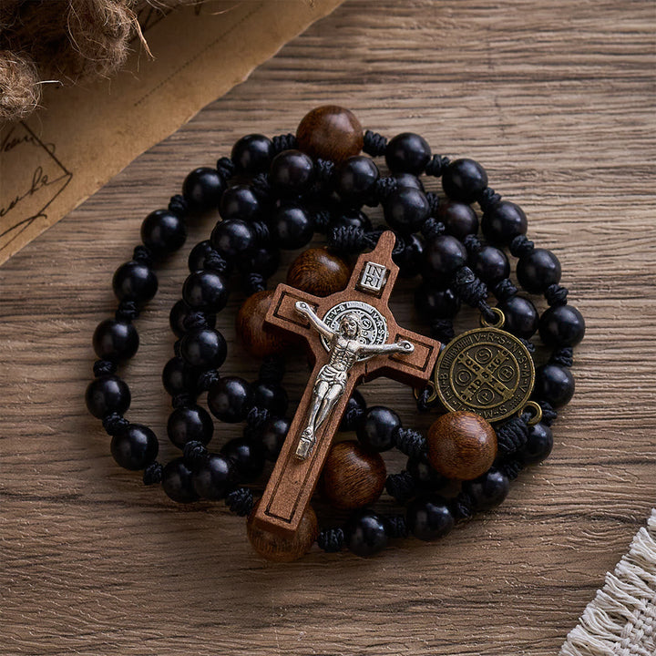 SolaceBeads Black Sacred Ebony Beads with St. Benedict Centerpiece Rosary