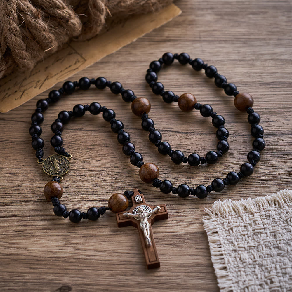 SolaceBeads Black Sacred Ebony Beads with St. Benedict Centerpiece Rosary