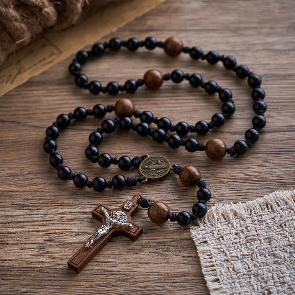 SolaceBeads Black Sacred Ebony Beads with St. Benedict Centerpiece Rosary