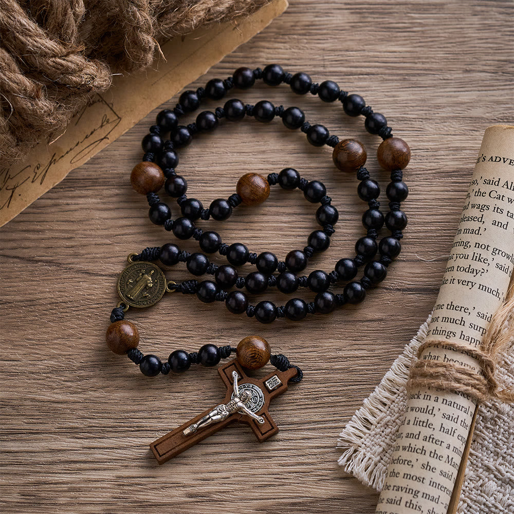 SolaceBeads Black Sacred Ebony Beads with St. Benedict Centerpiece Rosary