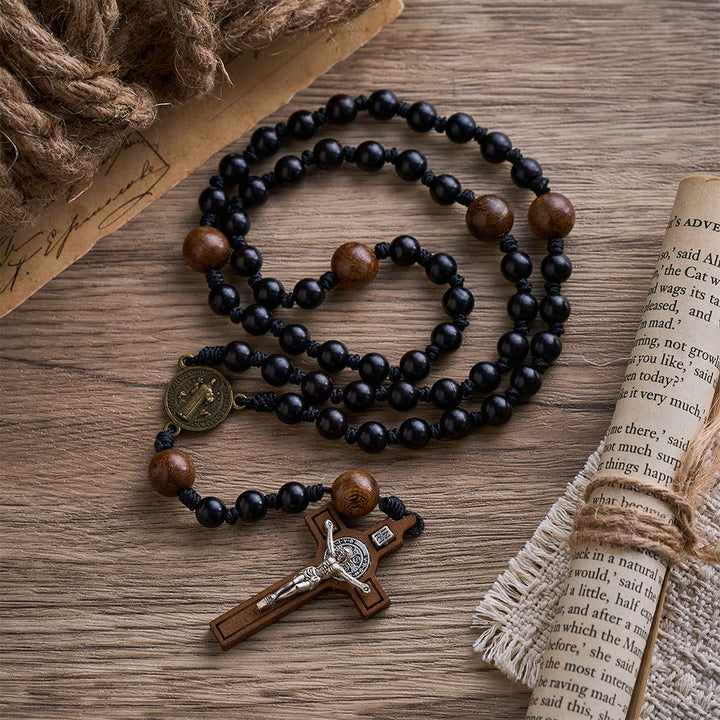 SolaceBeads Black Sacred Ebony Beads with St. Benedict Centerpiece Rosary