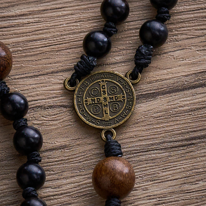 SolaceBeads Black Sacred Ebony Beads with St. Benedict Centerpiece Rosary