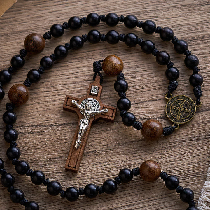 SolaceBeads Black Sacred Ebony Beads with St. Benedict Centerpiece Rosary