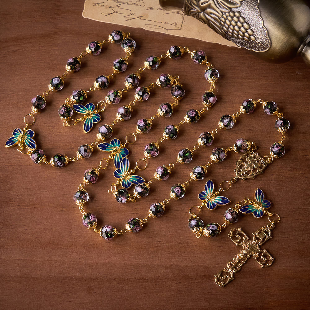 SolaceBeads Black Lampwork Floral Beads Rosary--The Radiant Grace Rosary: Hand-Blown Solace