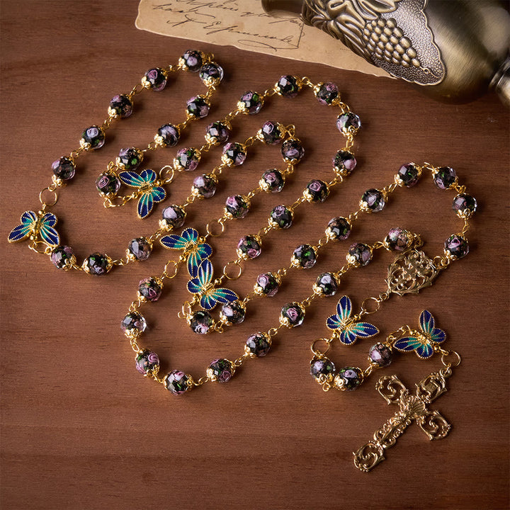 SolaceBeads Black Lampwork Floral Beads Rosary--The Radiant Grace Rosary: Hand-Blown Solace
