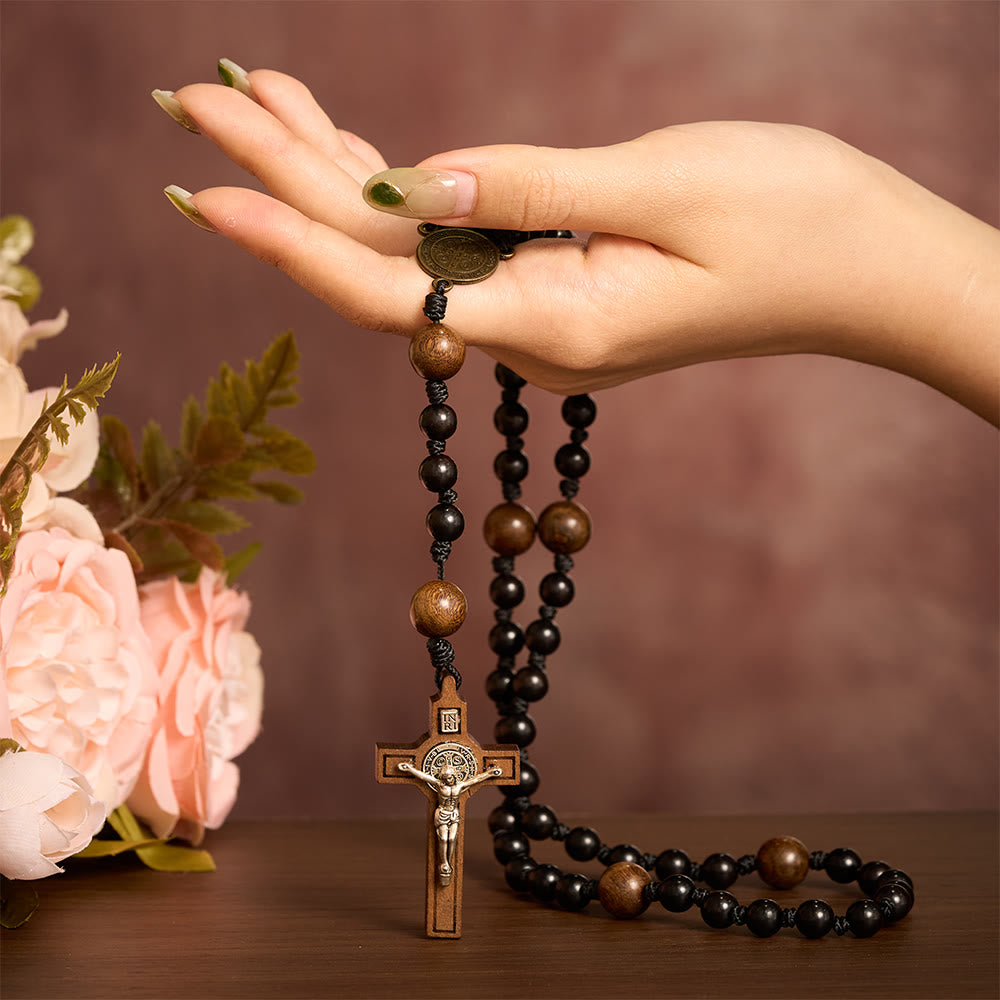 SolaceBeads Black Sacred Ebony Beads with St. Benedict Centerpiece Rosary