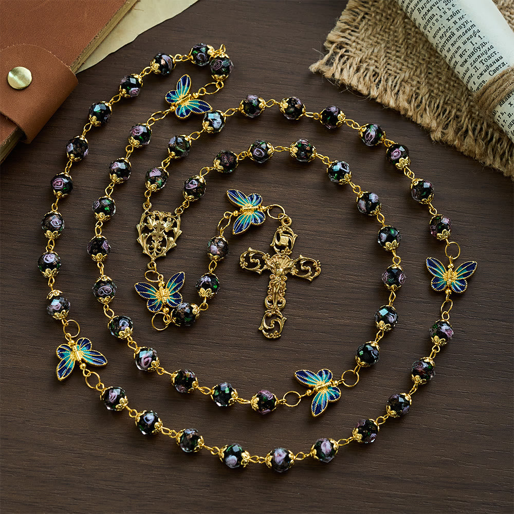 SolaceBeads Black Lampwork Floral Beads Rosary--The Radiant Grace Rosary: Hand-Blown Solace