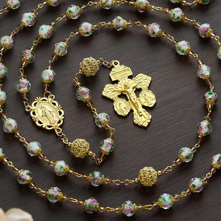 SolaceBeads White Floral Lampwork Glass Rosary: Grace With Gold Filigree &amp; Miraculous Medal