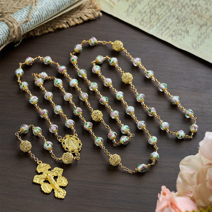 SolaceBeads White Floral Lampwork Glass Rosary: Grace With Gold Filigree &amp; Miraculous Medal