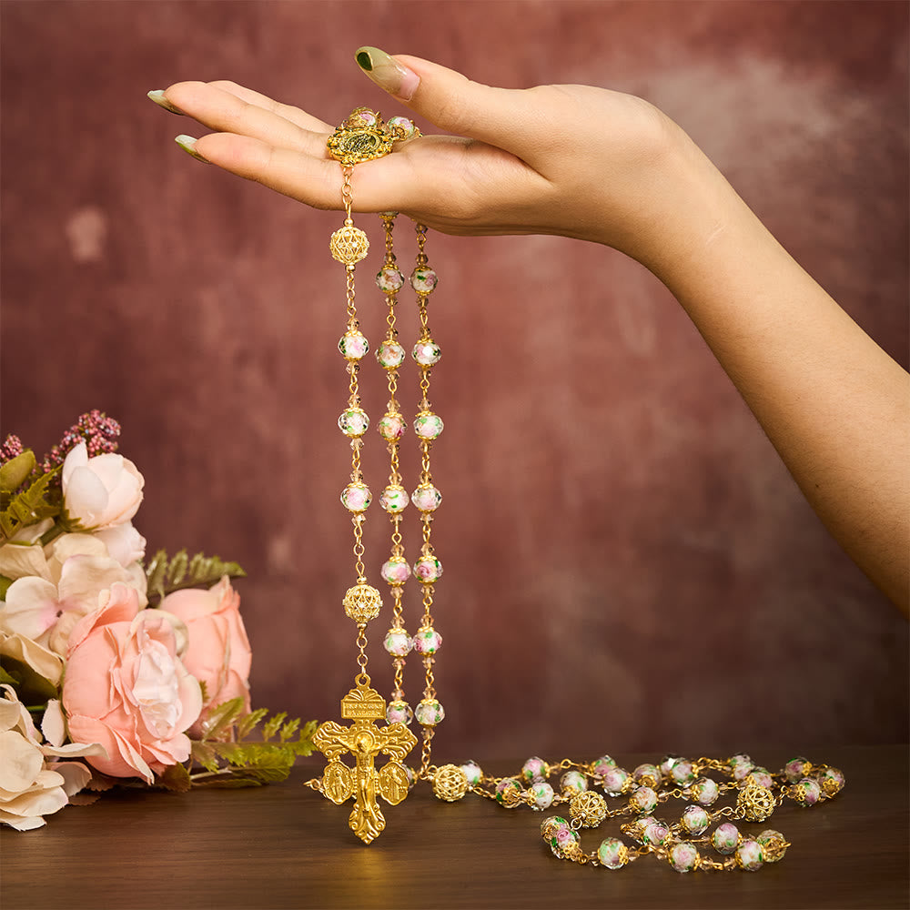SolaceBeads White Floral Lampwork Glass Rosary: Grace With Gold Filigree &amp; Miraculous Medal
