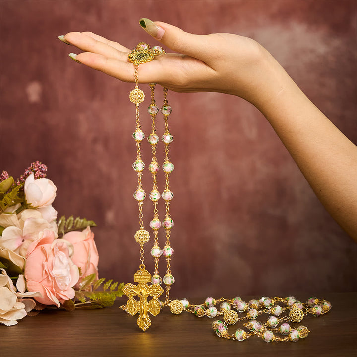 SolaceBeads White Floral Lampwork Glass Rosary: Grace With Gold Filigree &amp; Miraculous Medal