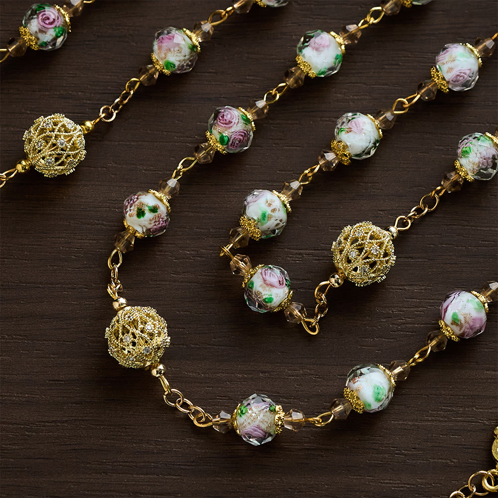 SolaceBeads White Floral Lampwork Glass Rosary: Grace With Gold Filigree &amp; Miraculous Medal