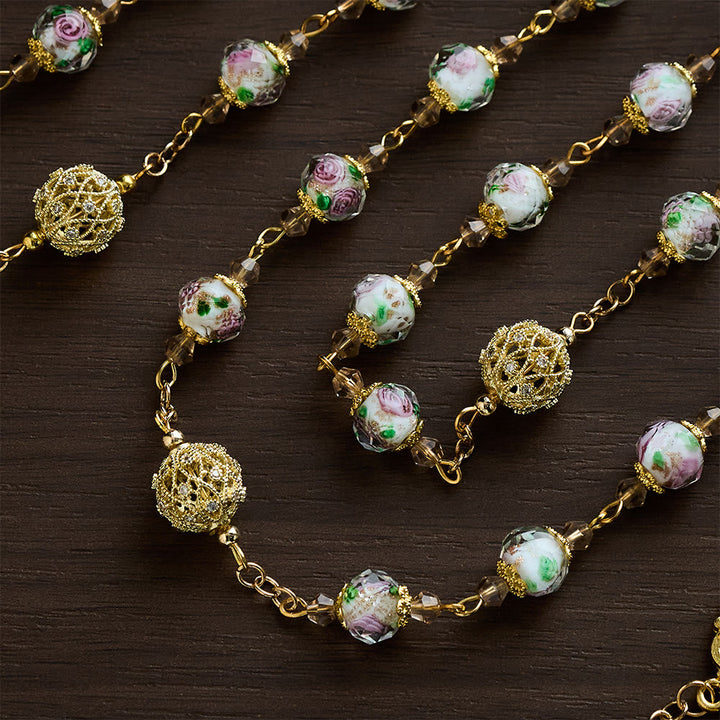 SolaceBeads White Floral Lampwork Glass Rosary: Grace With Gold Filigree &amp; Miraculous Medal