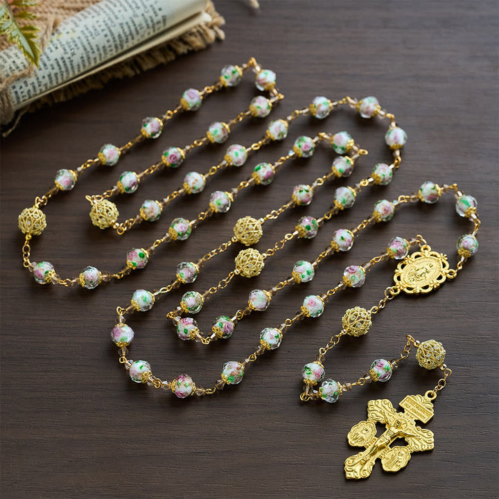 SolaceBeads White Floral Lampwork Glass Rosary: Grace With Gold Filigree &amp; Miraculous Medal