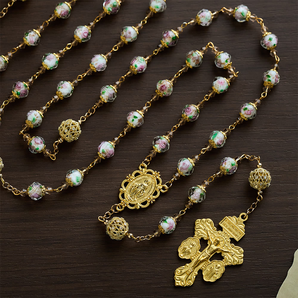 SolaceBeads White Floral Lampwork Glass Rosary: Grace With Gold Filigree &amp; Miraculous Medal
