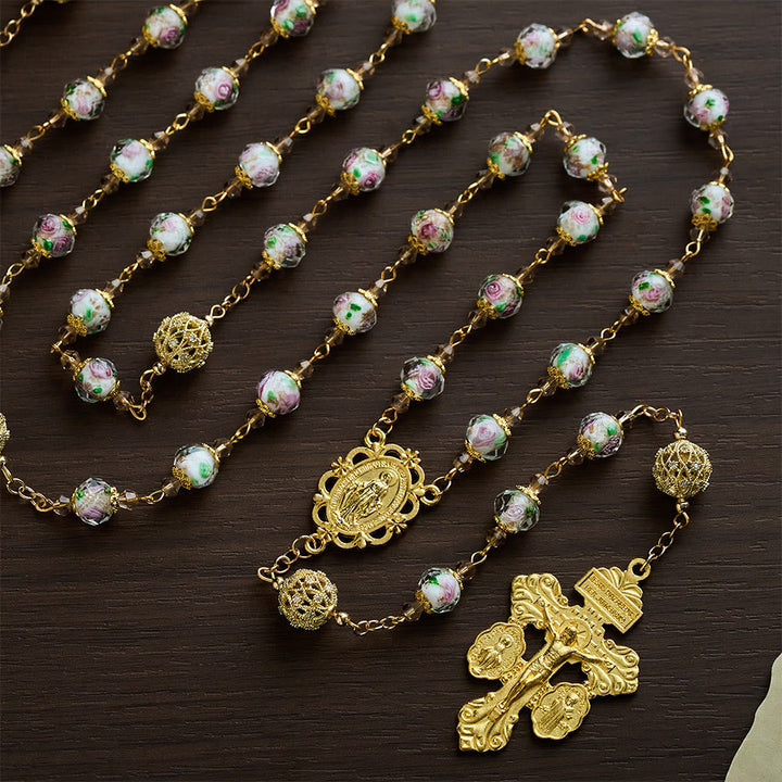SolaceBeads White Floral Lampwork Glass Rosary: Grace With Gold Filigree &amp; Miraculous Medal