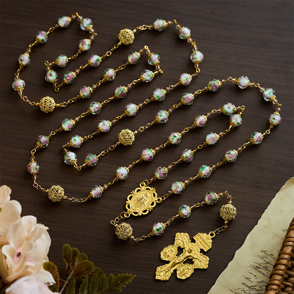 SolaceBeads White Floral Lampwork Glass Rosary: Grace With Gold Filigree &amp; Miraculous Medal