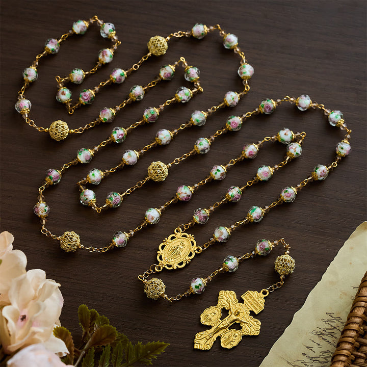 SolaceBeads White Floral Lampwork Glass Rosary: Grace With Gold Filigree &amp; Miraculous Medal