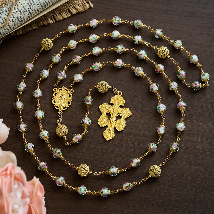 SolaceBeads White Floral Lampwork Glass Rosary: Grace With Gold Filigree &amp; Miraculous Medal