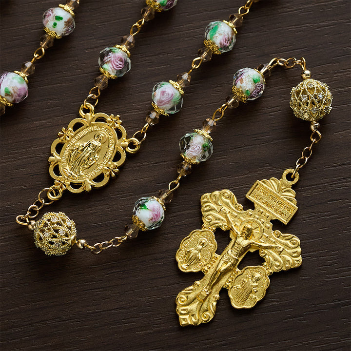 SolaceBeads White Floral Lampwork Glass Rosary: Grace With Gold Filigree &amp; Miraculous Medal