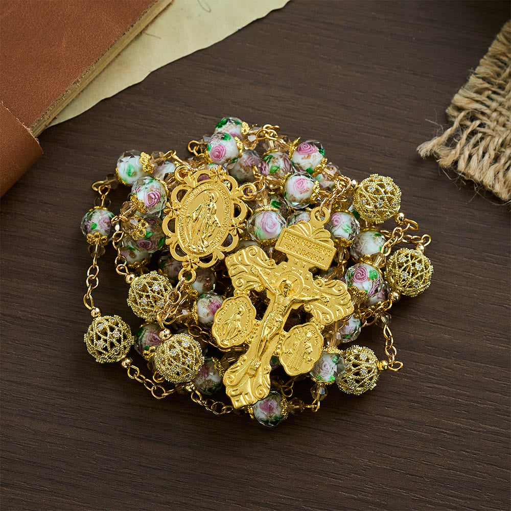 SolaceBeads White Floral Lampwork Glass Rosary: Grace With Gold Filigree &amp; Miraculous Medal