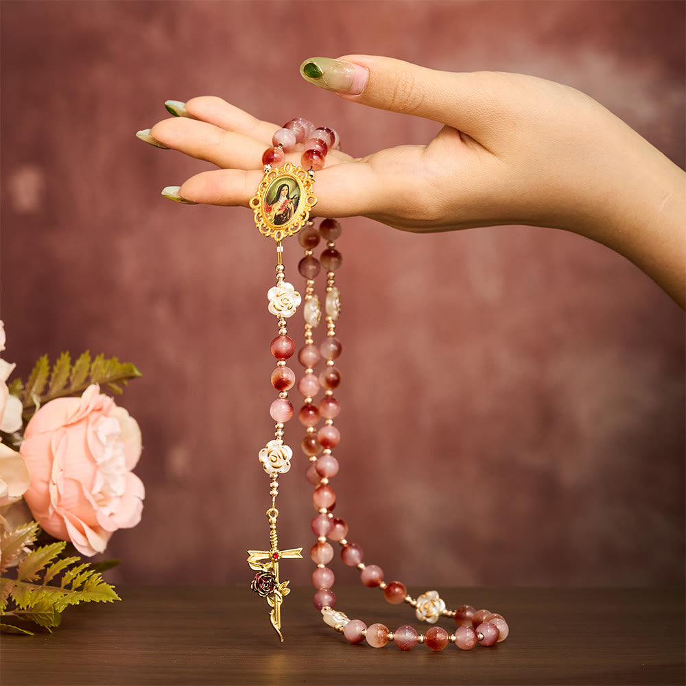 SolaceBeads St. Therese Rosary: Made with Pigeon-Blood Red Chalcedony with Floating Patterns Beads