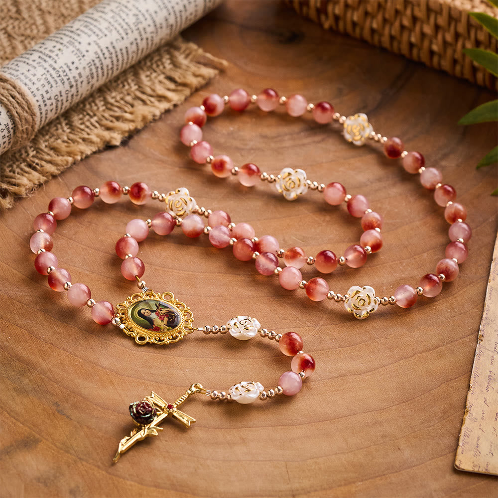 SolaceBeads St. Therese Rosary: Made with Pigeon-Blood Red Chalcedony with Floating Patterns Beads
