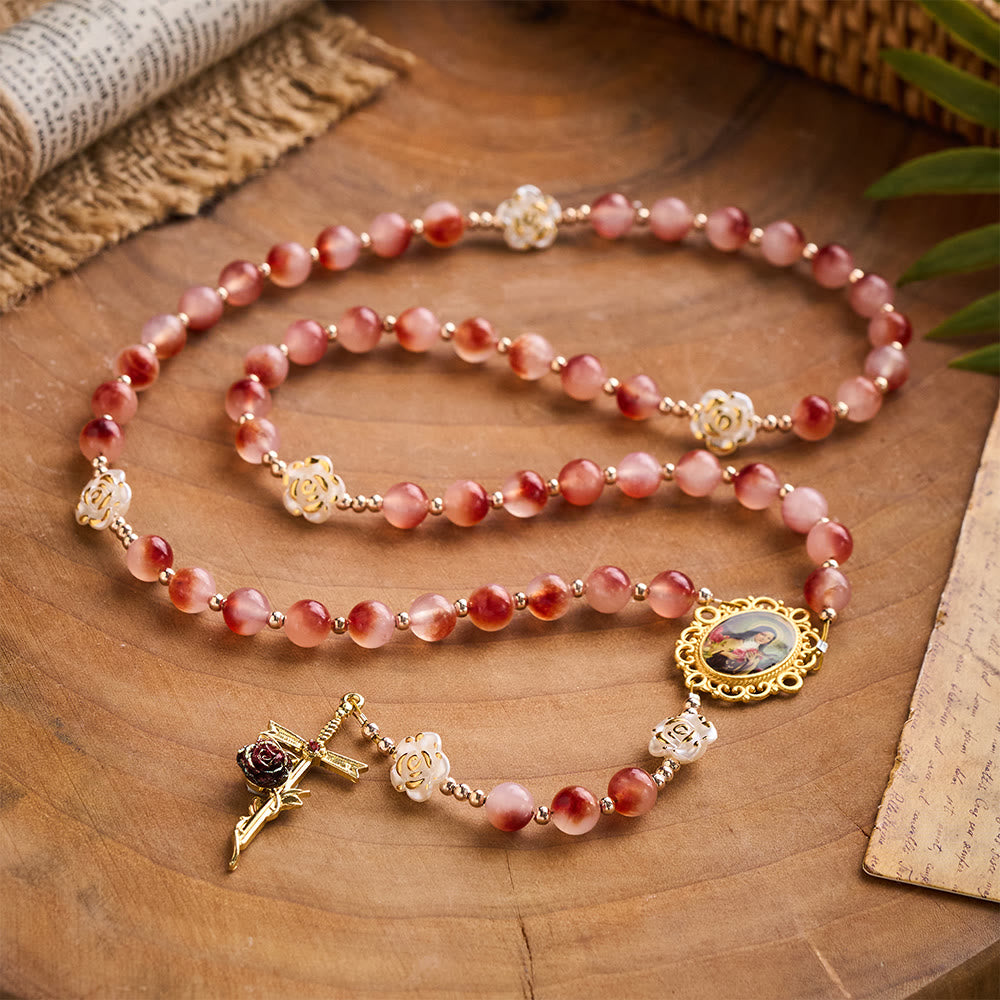 SolaceBeads St. Therese Rosary: Made with Pigeon-Blood Red Chalcedony with Floating Patterns Beads