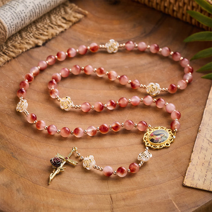 SolaceBeads St. Therese Rosary: Made with Pigeon-Blood Red Chalcedony with Floating Patterns Beads