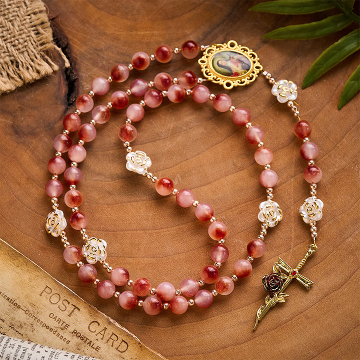 SolaceBeads St. Therese Rosary: Made with Pigeon-Blood Red Chalcedony with Floating Patterns Beads