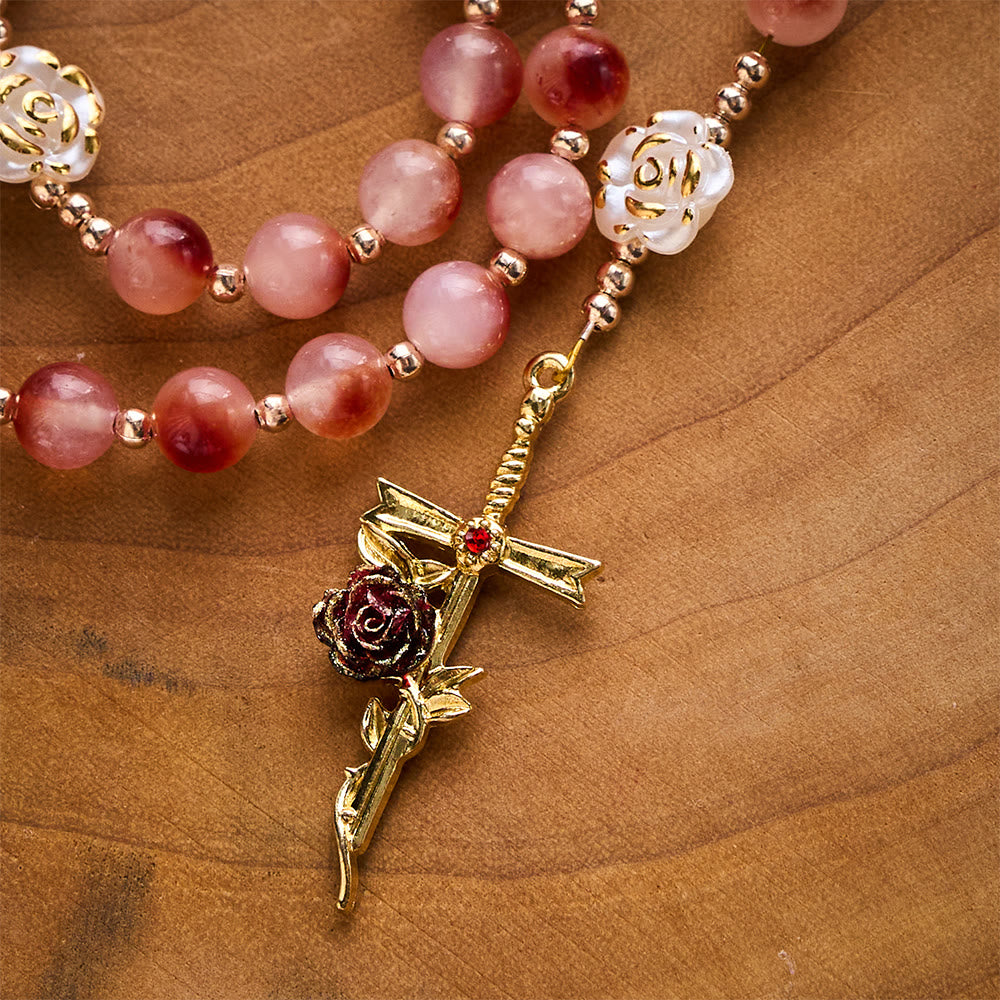 SolaceBeads St. Therese Rosary: Made with Pigeon-Blood Red Chalcedony with Floating Patterns Beads