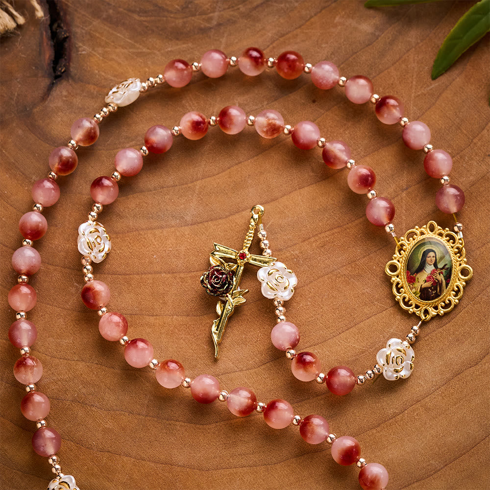 SolaceBeads St. Therese Rosary: Made with Pigeon-Blood Red Chalcedony with Floating Patterns Beads