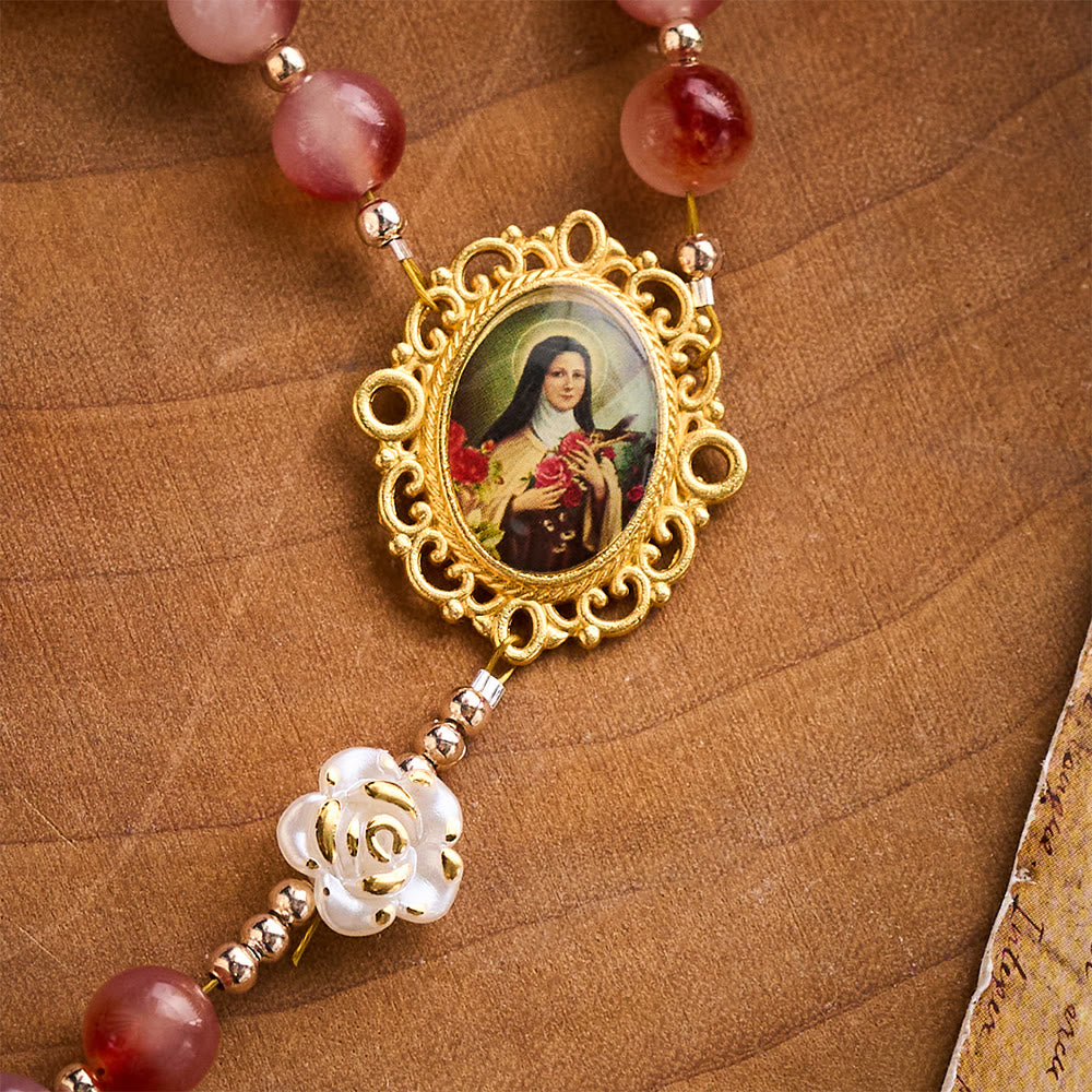 SolaceBeads St. Therese Rosary: Made with Pigeon-Blood Red Chalcedony with Floating Patterns Beads