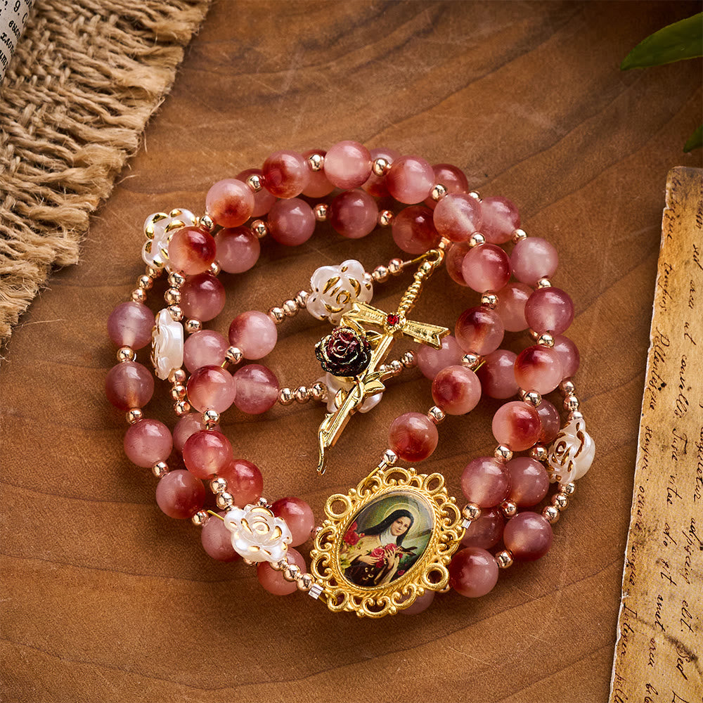 SolaceBeads St. Therese Rosary: Made with Pigeon-Blood Red Chalcedony with Floating Patterns Beads